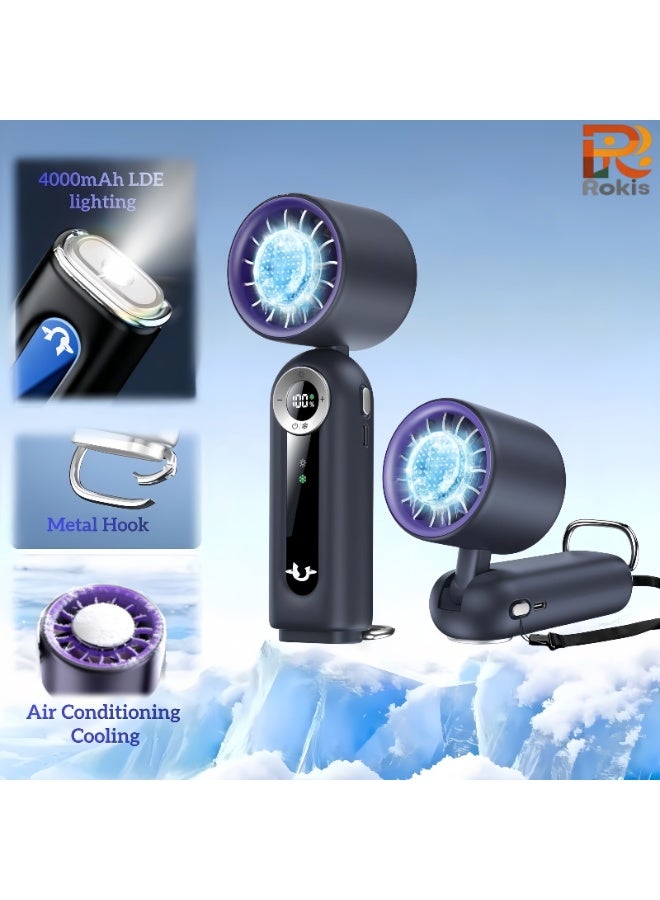 Rokis Portable Handheld Mini Fan with Cooling Plate,199 Speed Settings,LED Display,Flashlight,High-Speed Personal Fan,4000mAh Rechargeable Battery,USB-C Rechargeable,Wearable for Travel,Outdoor,Office,Home (Grey) - Image 1
