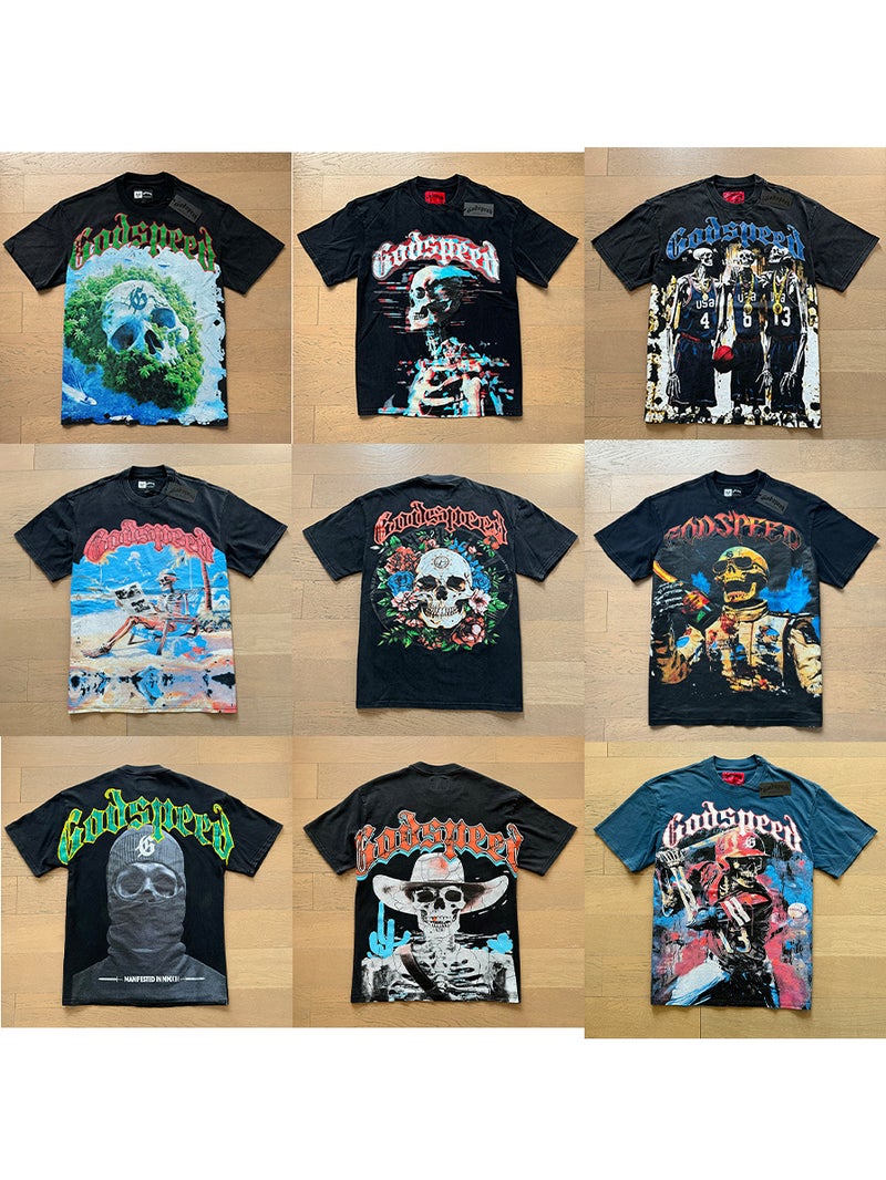2025 Cross-border Summer New American Style Loose Street Retro T-shirt Fashion Brand Short-sleeved GODSPEED Digital Printing - Image 5