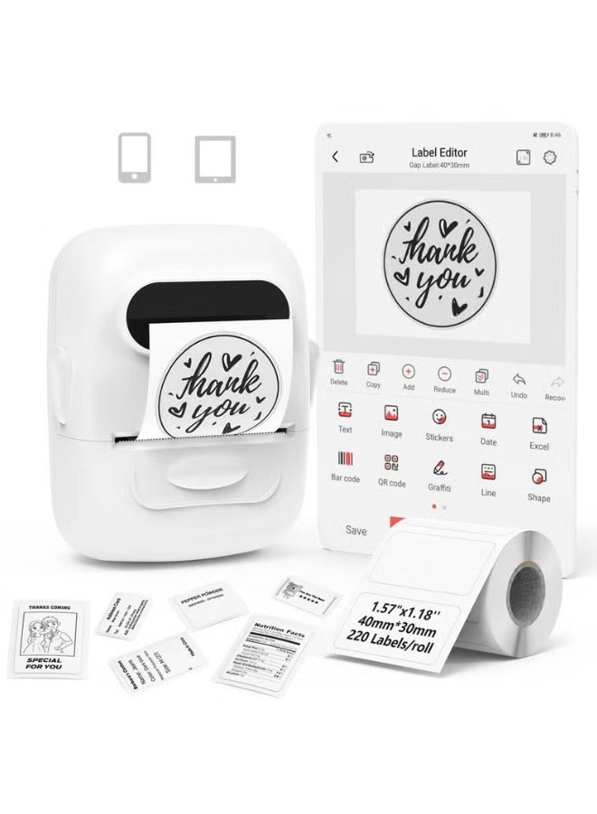 Marklife Label Maker, Bluetooth Label Maker, Sticker Label Maker, Mini Label Printer, Thermal Printer for Tag, Kitchen, Clothes, Food, Barcode, Price, White (With 1 Roll Label) - Image 1