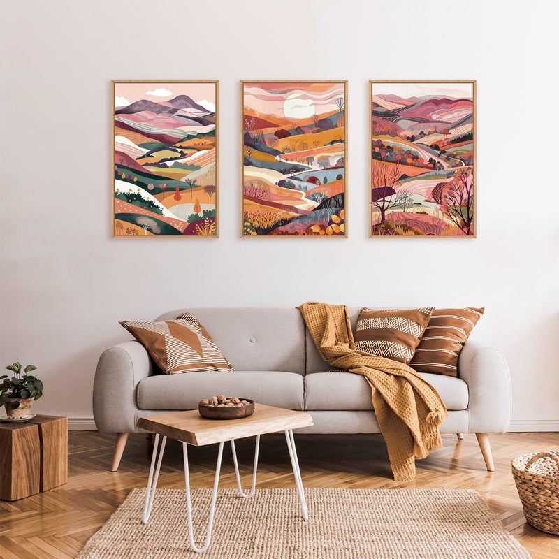 KAIRNE Boho Colorful Mountain Canvas Wall Art Set, Abstract Pink Mountains Forest Artwork, 3 Panels Framed Modern Nature Landscape Home Decor for Living Room, Bedroom, Office, 16x24 Inch Wall Decor - Image 2