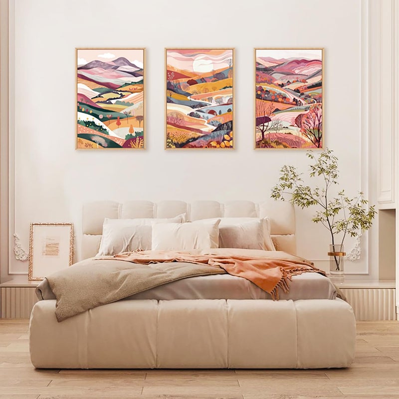 KAIRNE Boho Colorful Mountain Canvas Wall Art Set, Abstract Pink Mountains Forest Artwork, 3 Panels Framed Modern Nature Landscape Home Decor for Living Room, Bedroom, Office, 16x24 Inch Wall Decor - Image 3