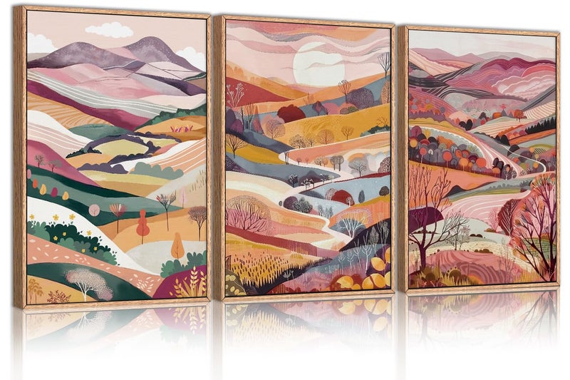 KAIRNE Boho Colorful Mountain Canvas Wall Art Set, Abstract Pink Mountains Forest Artwork, 3 Panels Framed Modern Nature Landscape Home Decor for Living Room, Bedroom, Office, 16x24 Inch Wall Decor - Image 1