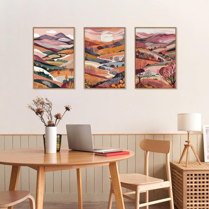 KAIRNE Boho Colorful Mountain Canvas Wall Art Set, Abstract Pink Mountains Forest Artwork, 3 Panels Framed Modern Nature Landscape Home Decor for Living Room, Bedroom, Office, 16x24 Inch Wall Decor - Image 4