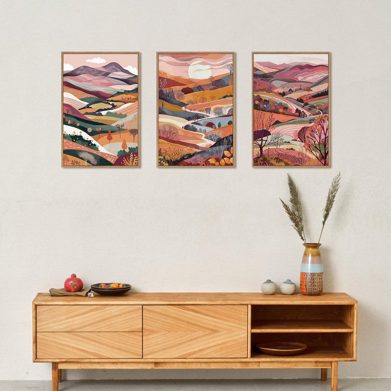 KAIRNE Boho Colorful Mountain Canvas Wall Art Set, Abstract Pink Mountains Forest Artwork, 3 Panels Framed Modern Nature Landscape Home Decor for Living Room, Bedroom, Office, 16x24 Inch Wall Decor - Image 5
