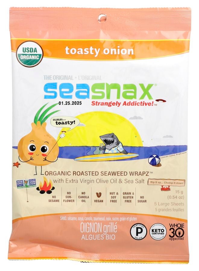 seasnax لفائف الأعشاب البحرية المحمصة العضوية مع زيت الزيتون البكر الممتاز وملح البحر والبصل المحمص 5 أوراق كبيرة 0.54 أونصة (15 جرام)