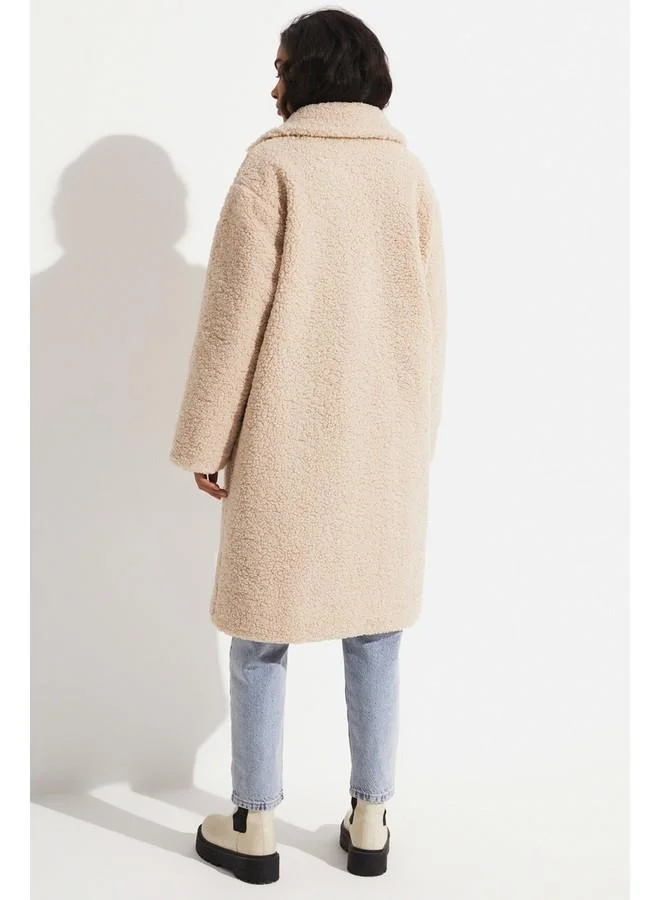JUNE June Plush Long Coat with Pocket Detail Beige