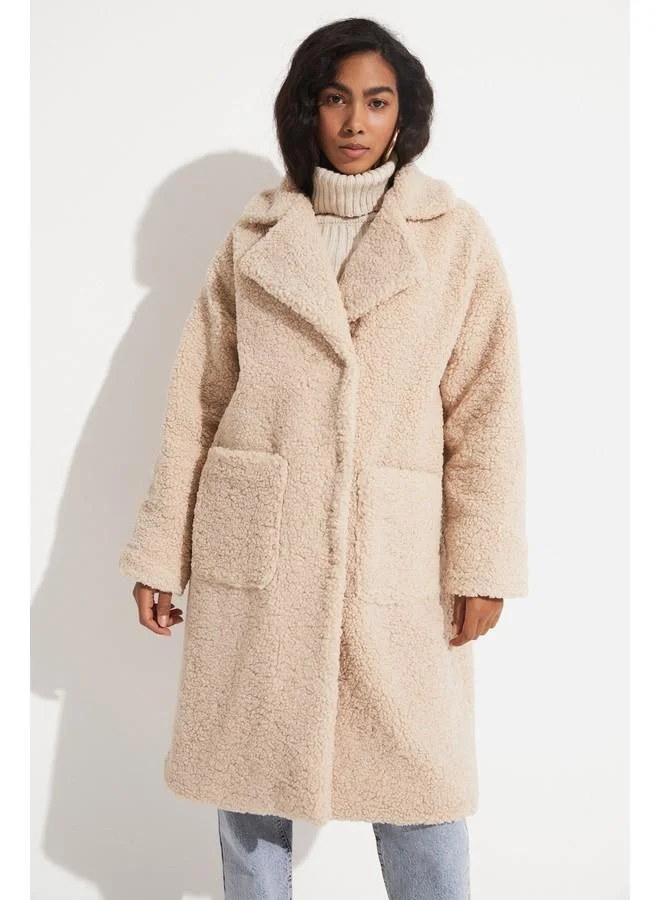 JUNE June Plush Long Coat with Pocket Detail Beige