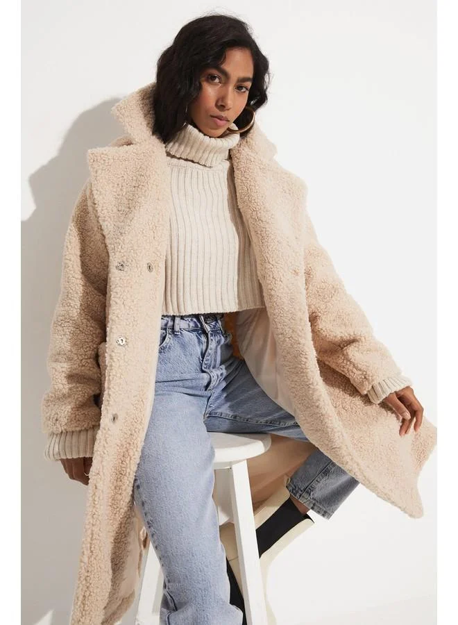 JUNE June Plush Long Coat with Pocket Detail Beige
