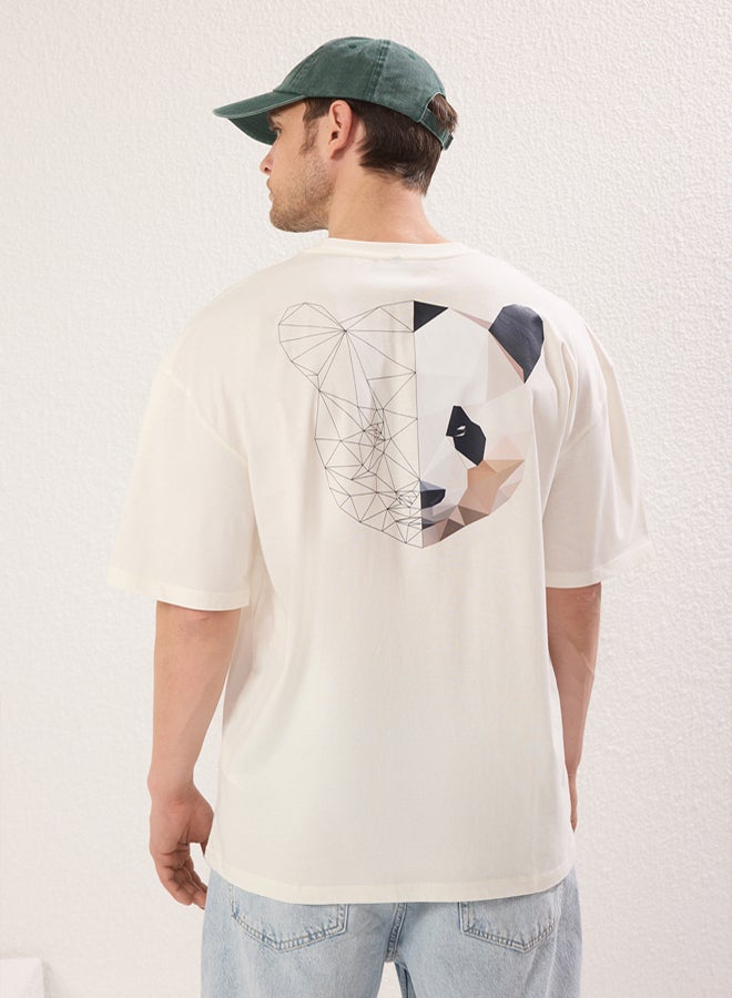 Trendyol Man Ecru Oversize/Wide Cut Back Panda Printed % Cotton T-Shirt - Image 3
