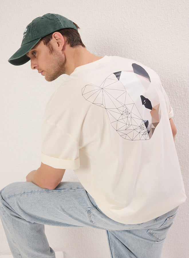 Trendyol Man Ecru Oversize/Wide Cut Back Panda Printed % Cotton T-Shirt - Image 1