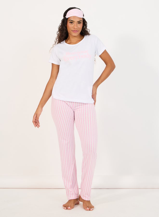 Styli Styli Bonjour Slogan Print T-Shirt- Eyemask and Stripe Pyjama Set  - Image 1