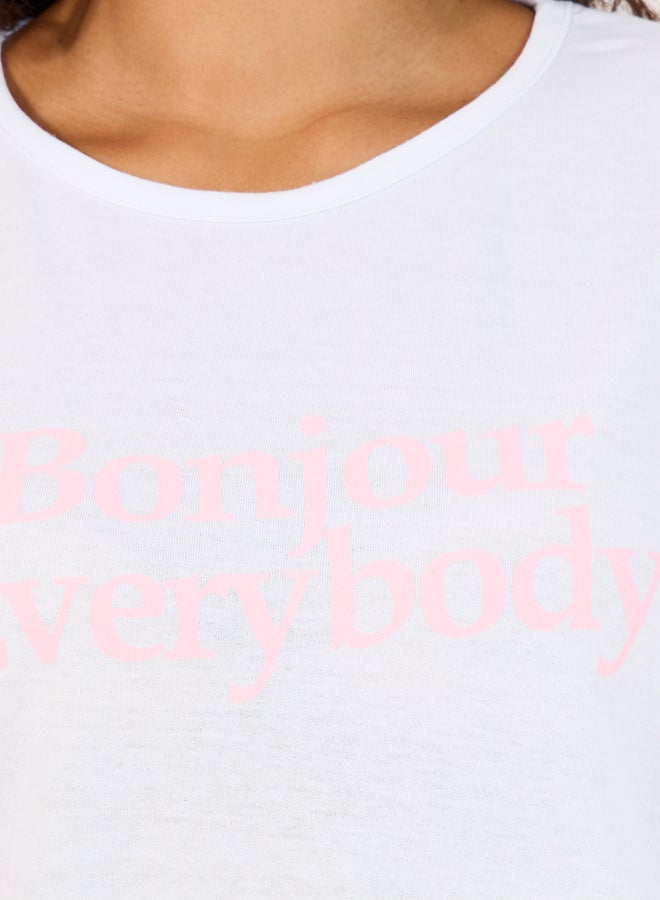 Styli Styli Bonjour Slogan Print T-Shirt- Eyemask and Stripe Pyjama Set  - Image 3