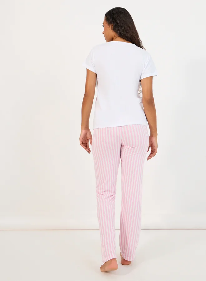 Styli Styli Bonjour Slogan Print T-Shirt- Eyemask and Stripe Pyjama Set
