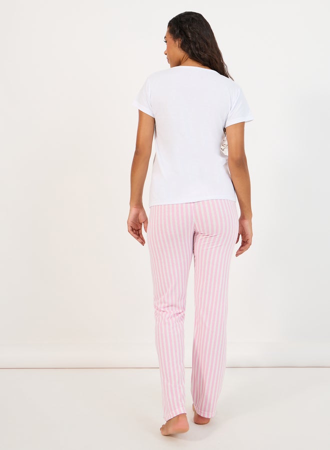 Styli Styli Bonjour Slogan Print T-Shirt- Eyemask and Stripe Pyjama Set  - Image 5