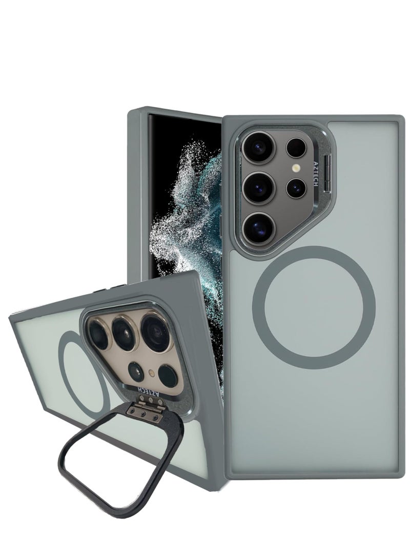 أزتك غلاف سوبر شيلد غير لامع لجهاز سامسونج جالكسي S23 ألترا باللون الرمادي مع حلقة متوافقة مع ميغسيف، حامل كاميرا مدمج، غلاف رقيق مقاوم للصدمات، تشطيب غير لامع مقاوم للخدوش، دعم الشحن اللاسلكي - Image 1