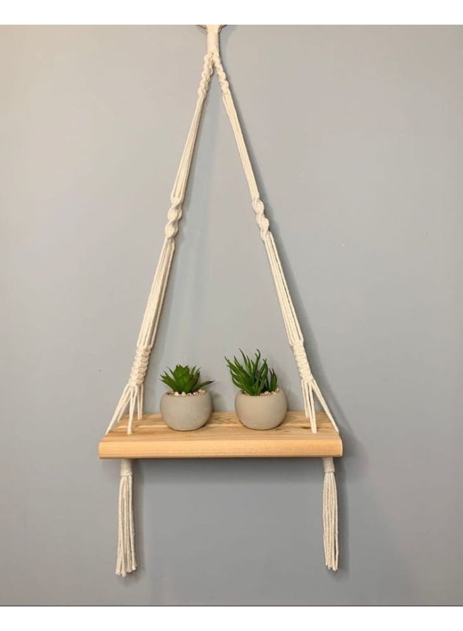 Decorative wooden shelf hanging on macrame cords, 75 x 27 x 14 cm