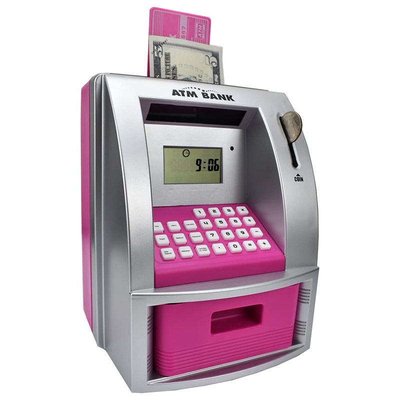 LIKE Toy Talking ATM Bank ATM Machine Savings Bank for Kids Works a Real one Deposit Withdraw Debit Card Saving Target Timer and Clock Pink 