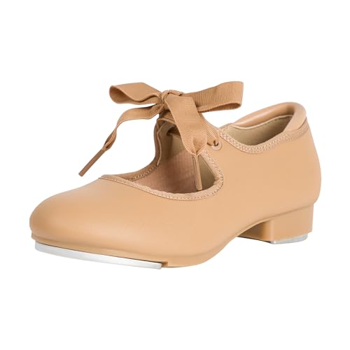 Linodes PU Leather/Patent Ribbon Tie Tap Shoe for Girls and Boys (Toddler/Little Kid/Big Kid)-Brown-3M-Big Kid - Image 1