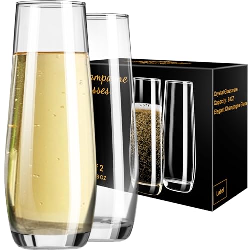 PARACITY Stemless Champagne Flutes 8 oz Cocktail Glasses Champagne Glasses Set of 2 Gift for Birthday Wedding Christmas