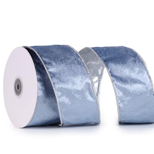 DINDOSAL Dusty Blue Velvet Ribbon Wired 25 x 10 Yards Blue Christmas Ribbon with Silver Backside Blue and Silver Wired Ribbon for Christmas Tree Wreaths Topper Bows Crafts Gift Wrapping - Image 2