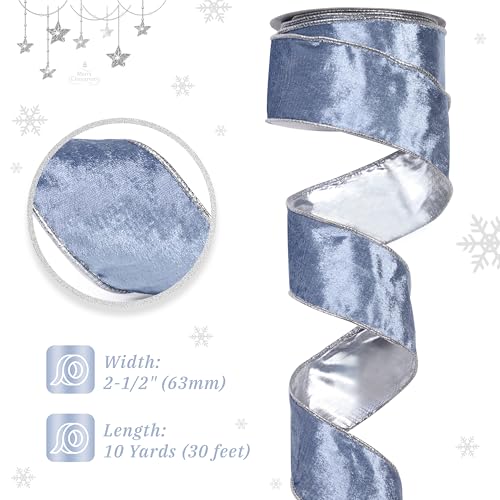 DINDOSAL Dusty Blue Velvet Ribbon Wired 25 x 10 Yards Blue Christmas Ribbon with Silver Backside Blue and Silver Wired Ribbon for Christmas Tree Wreaths Topper Bows Crafts Gift Wrapping - Image 5