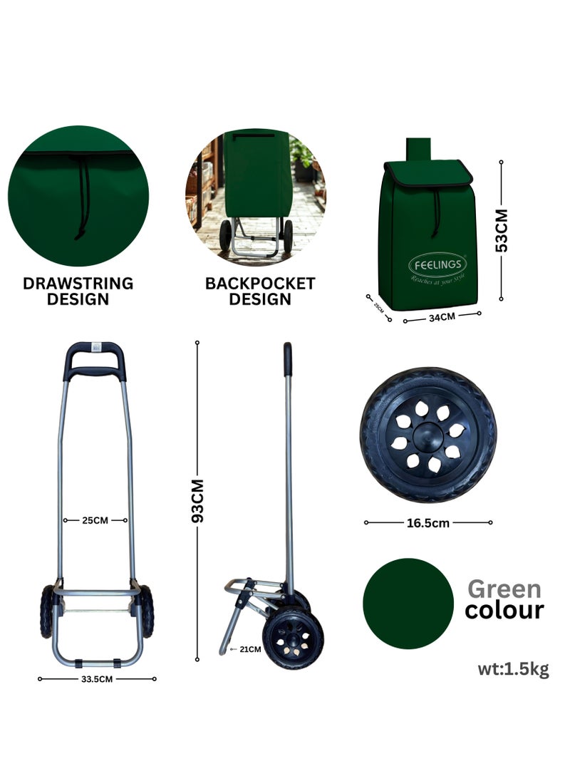 Feelings FEELINGS Folding Essential Shopping Trolley | Fabric Luggage Bag with Wheels | Shopping Cart | Shopping Trolley with Wheels | Portable Trolley | Foldable With Wheels Grocery,Fruits & Vegetables Green  - Image 3