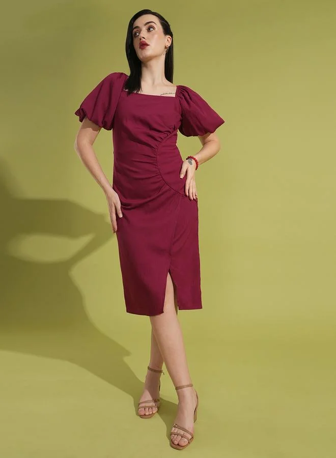 globus Globus Solid Gathered Square Neck Puff Sleeves Midi Dress
