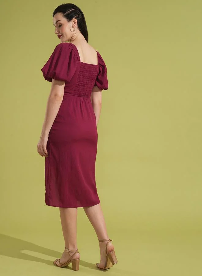 globus Globus Solid Gathered Square Neck Puff Sleeves Midi Dress