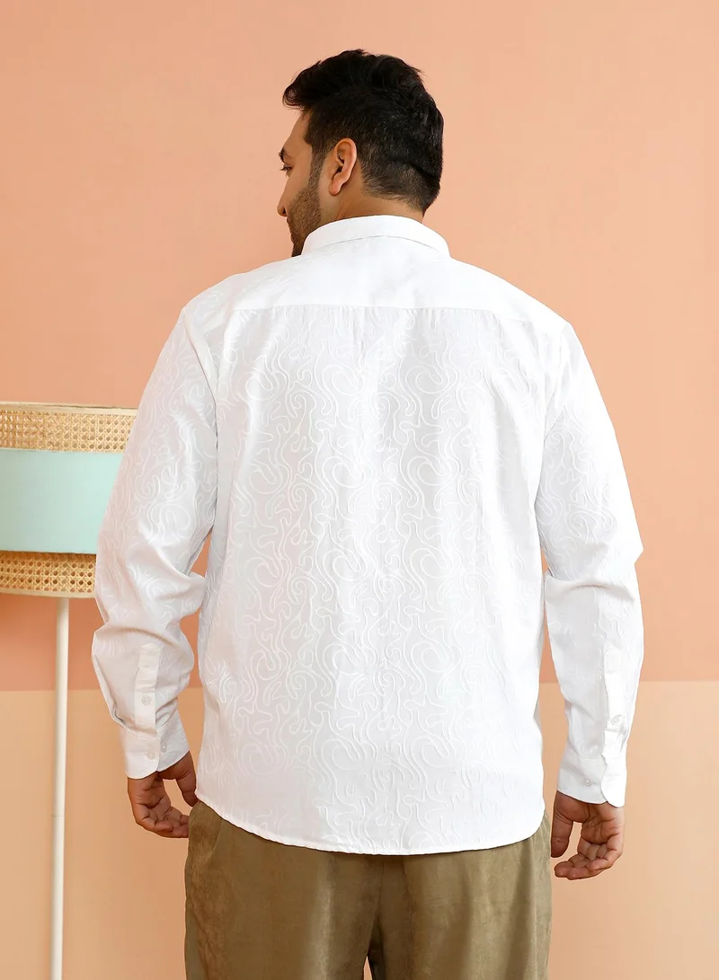 Instafab Plus Instafab Plus Men's Chalk White Solid Abstract-Tactile Shirt For Casual Wear | Spread Collar | Long Cuffed Sleeves | Button Closure | Plus Size Shirt Crafted With Comfort Fit For Everyday Wear