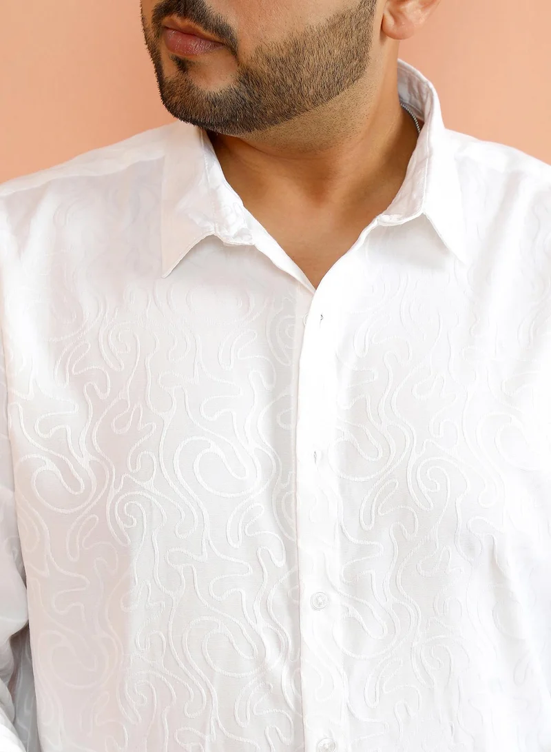 Instafab Plus Instafab Plus Men's Chalk White Solid Abstract-Tactile Shirt For Casual Wear | Spread Collar | Long Cuffed Sleeves | Button Closure | Plus Size Shirt Crafted With Comfort Fit For Everyday Wear
