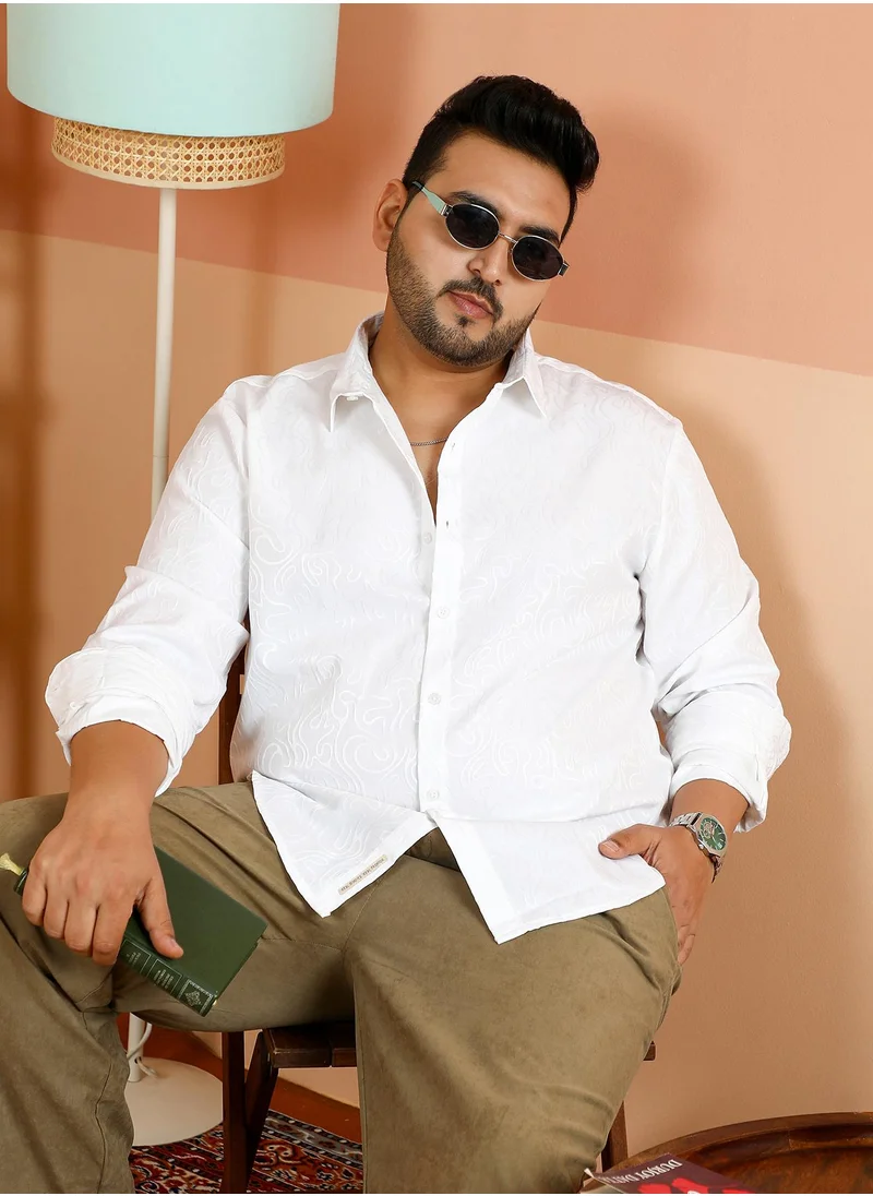 انستافاب بلس Instafab Plus Men's Chalk White Solid Abstract-Tactile Shirt For Casual Wear | Spread Collar | Long Cuffed Sleeves | Button Closure | Plus Size Shirt Crafted With Comfort Fit For Everyday Wear