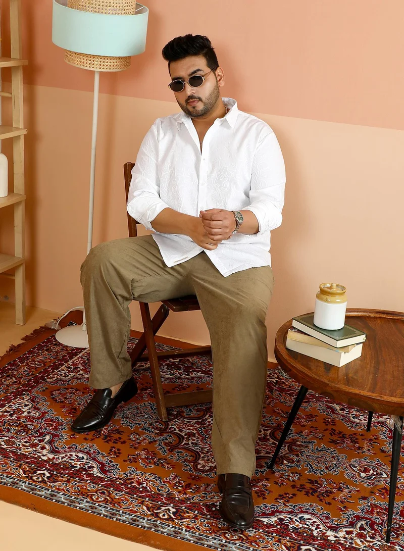 Instafab Plus Instafab Plus Men's Chalk White Solid Abstract-Tactile Shirt For Casual Wear | Spread Collar | Long Cuffed Sleeves | Button Closure | Plus Size Shirt Crafted With Comfort Fit For Everyday Wear