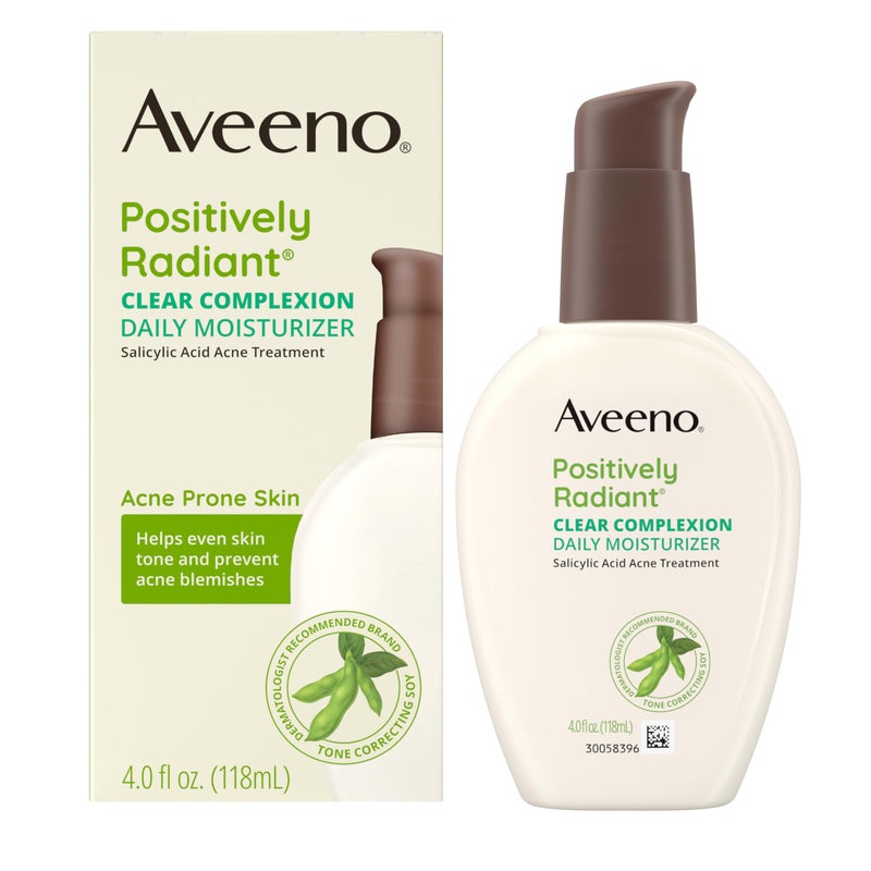 Aveeno Positively Radiant Clear Complexion Face Moisturizer, Acne Facial Moisturizer with Soy and Salicylic Acid for Oily Skin, Hypoallergenic Formula, Paraben-Free, Non-Comedogenic, Pump, 4 FL OZ - Image 2