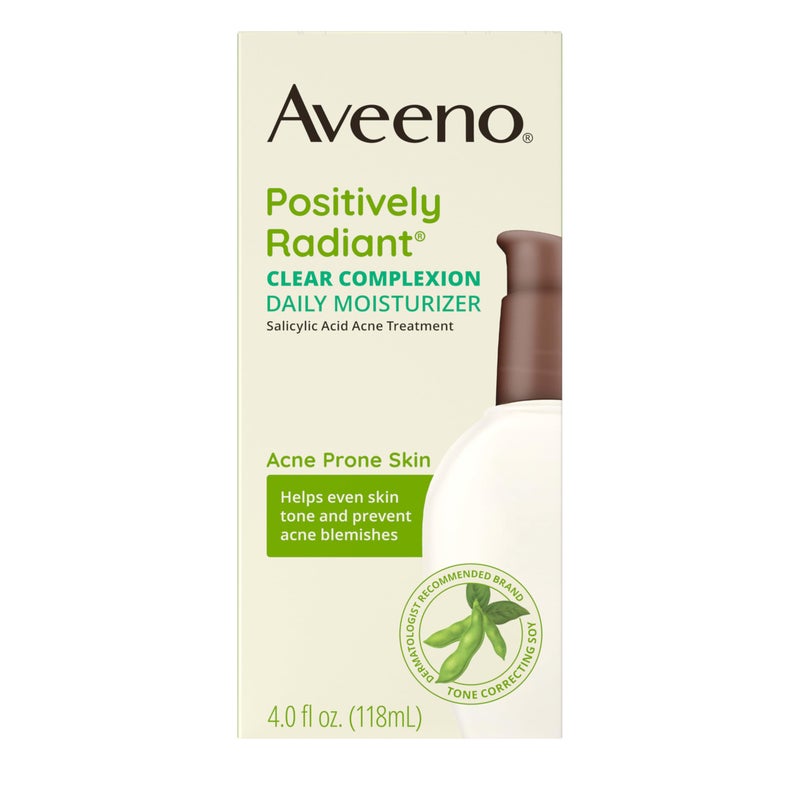 Aveeno Positively Radiant Clear Complexion Face Moisturizer, Acne Facial Moisturizer with Soy and Salicylic Acid for Oily Skin, Hypoallergenic Formula, Paraben-Free, Non-Comedogenic, Pump, 4 FL OZ - Image 1