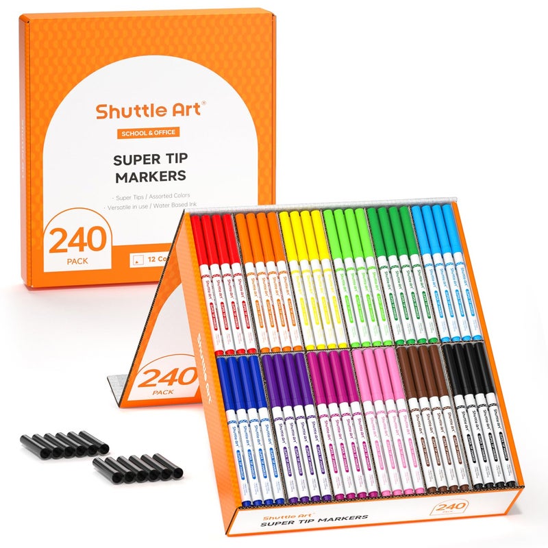 Shuttle Art 240 Pack Washable Super Tips Markers, 12 Assorted Colors Conical Tip Large Markers Bulk with a Box, Bonus Caps, Home Classroom School Supplies for Toddlers Kids Adults Students Teachers - Image 1
