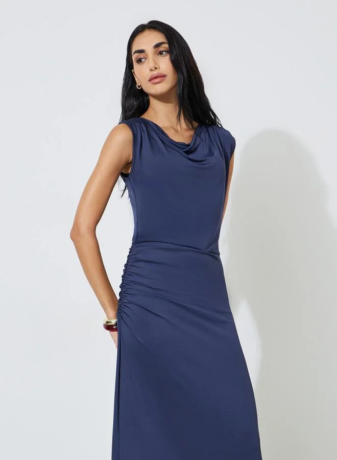 ستايلي Navy Blue Solid Side Gathered Detail Maxi Dress