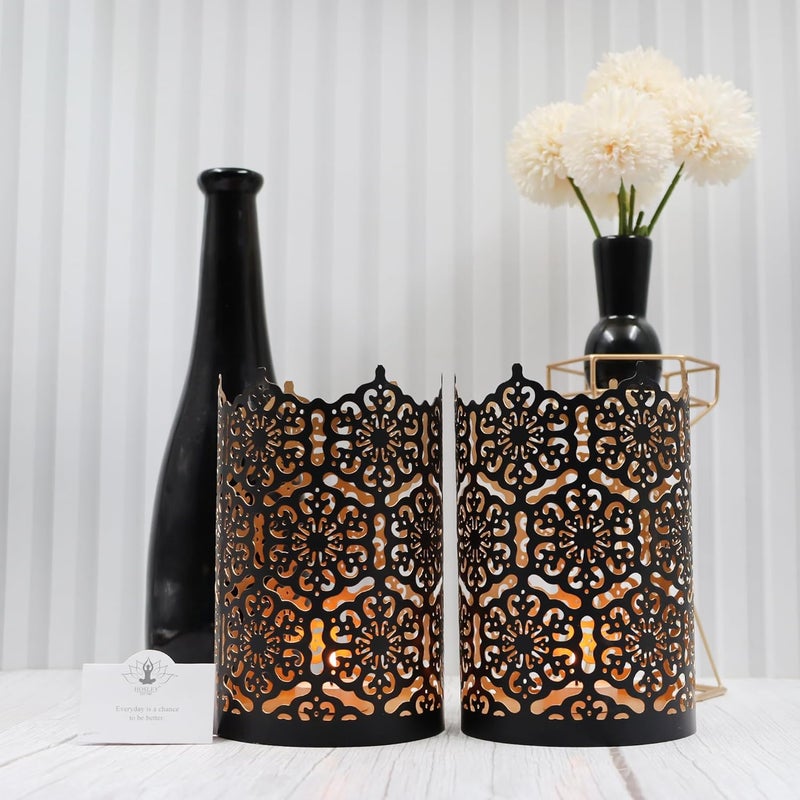 HOSLEY Set of 2 Black-Gold Finish Candle Holder Metal Sleeve - with Free 6 Unscented Tealights - Image 1