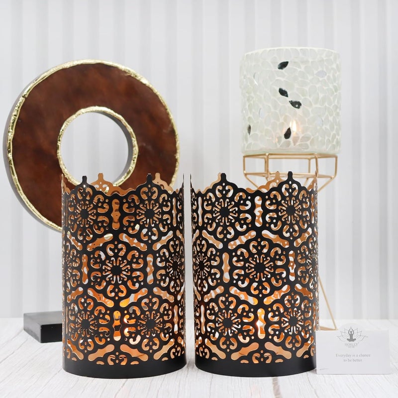 HOSLEY Set of 2 Black-Gold Finish Candle Holder Metal Sleeve - with Free 6 Unscented Tealights - Image 2