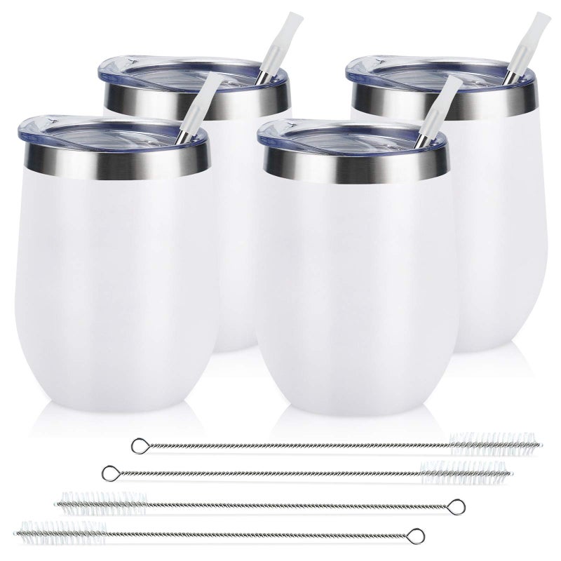 Lifecapido Lifecapido 4 Pack 12Oz Stainless Steel Stemless Wine Glasses Insulated Wine Tumbler Stainless Steel Wine Tumbler Cups with Lids and Straws for Coffee Cocktails Wine Champaign White 