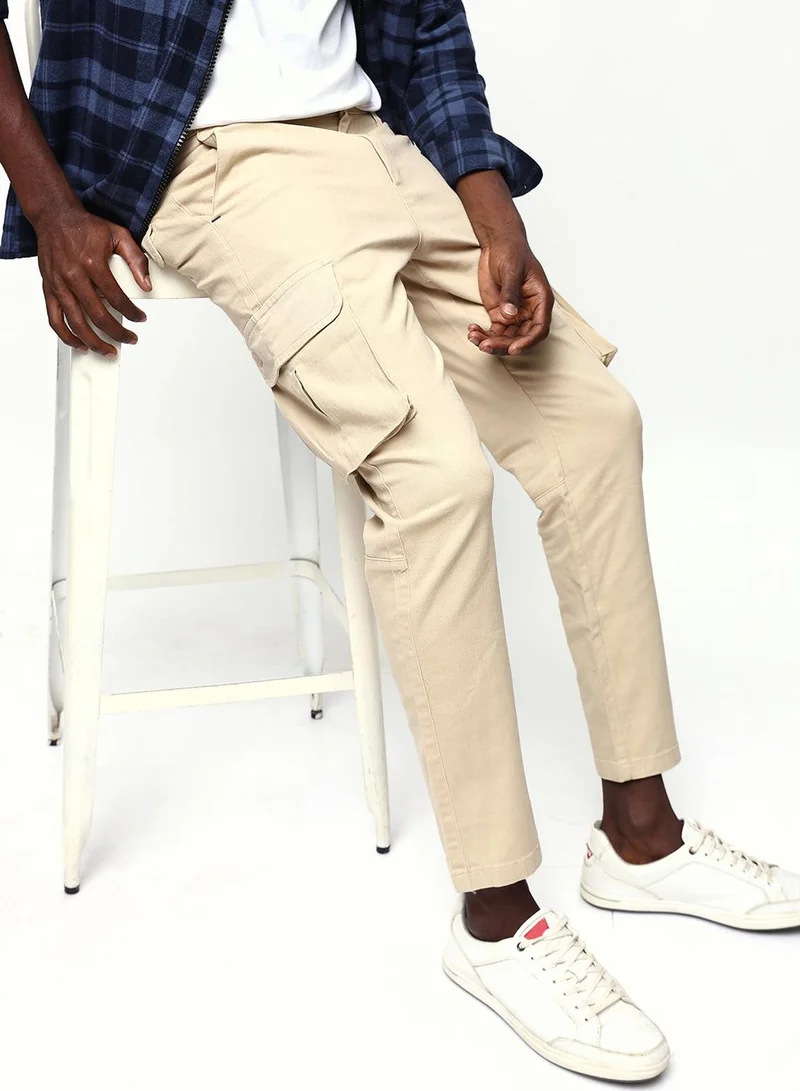 Men's Beige Cotton Blend Full Relaxed Cargo Trouser