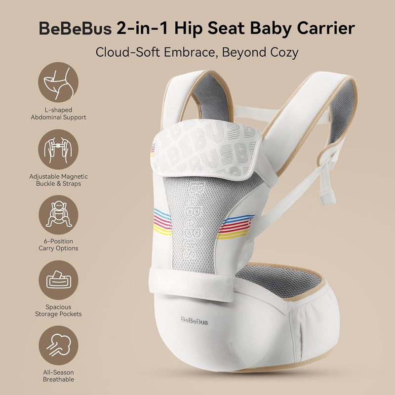 bebebus حمالة أطفال مع مقعد ورك BeBeBus 2 في 1 مريحة من الولادة حتى مرحلة الطفولة حتى 44 رطل قابلة للفصل بدون استخدام اليدين للرضع لجميع الفصول تحمل بوجه للأمام تناسب أحجام الخصر حتى 38 بوصة بيضاء - Image 3