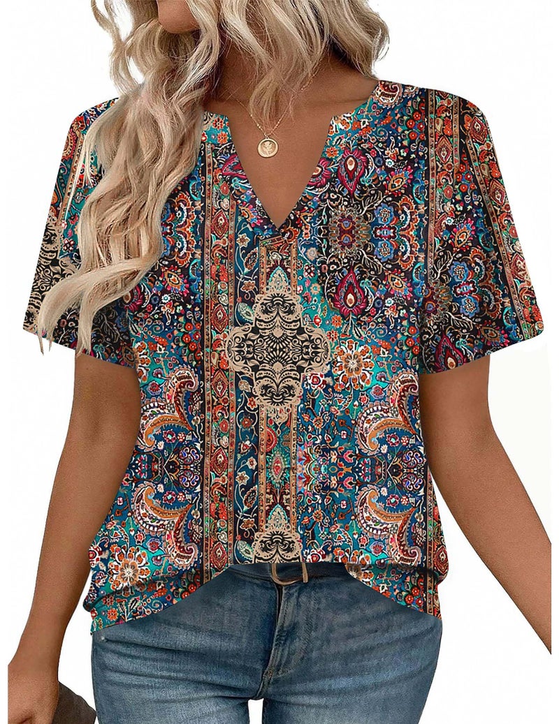 Zeagoo T Shirts for Women Short Sleeve Tops Casual Cute V Neck Loose Spring 2026 Summer Clothes Brown Bohemian XL - Image 1