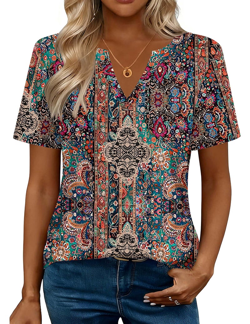 Zeagoo T Shirts for Women Short Sleeve Tops Casual Cute V Neck Loose Spring 2026 Summer Clothes Brown Bohemian XL - Image 2
