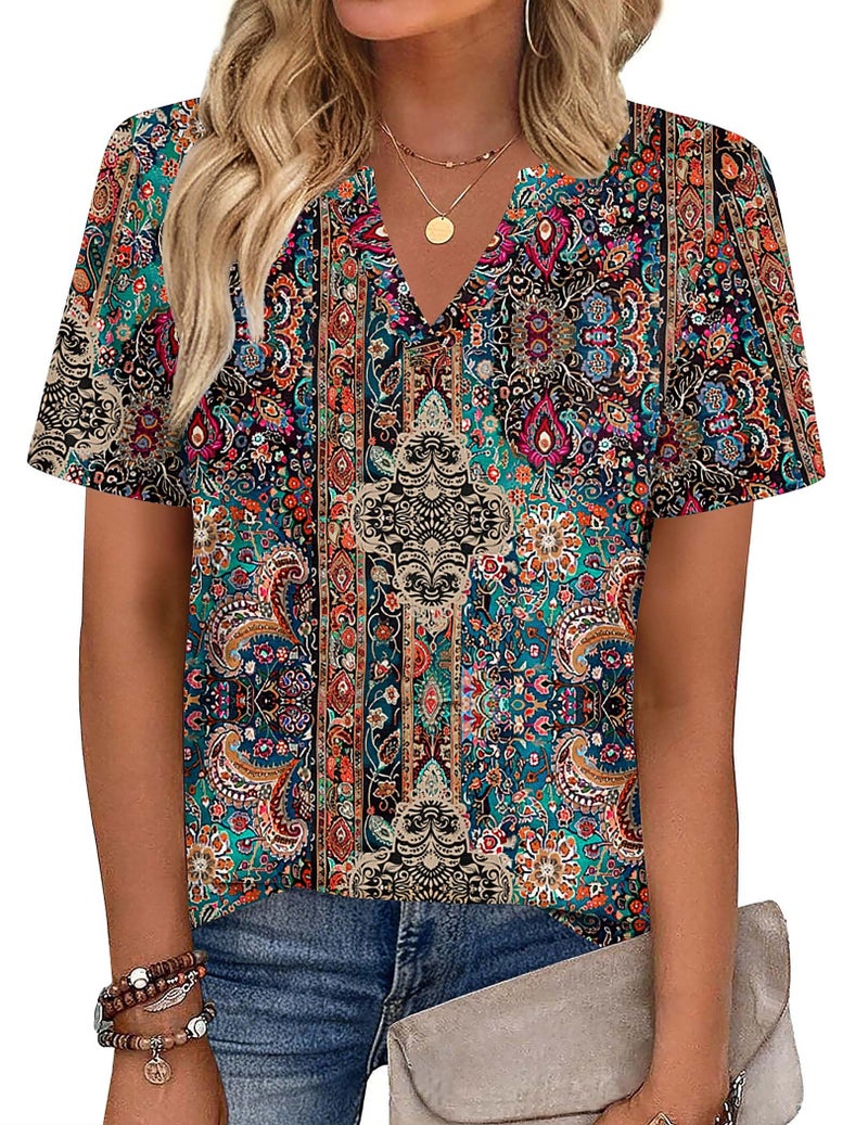 Zeagoo T Shirts for Women Short Sleeve Tops Casual Cute V Neck Loose Spring 2026 Summer Clothes Brown Bohemian XL - Image 4