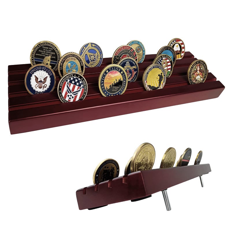 ASmileIndeep Military Challenge Coins Display Holder Solid Wood,Challenge Coin Stand Holds 30 Coins , 4 Row Military Coin Holder Rack for Desk,Challenge Coin Display Case for Collectors, Red - Image 1