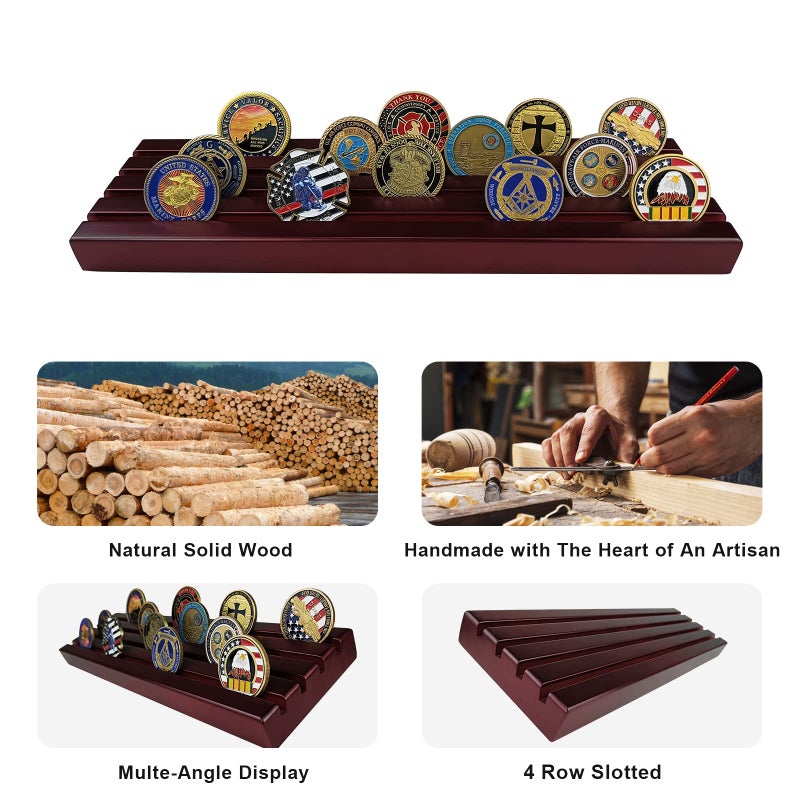 ASmileIndeep Military Challenge Coins Display Holder Solid Wood,Challenge Coin Stand Holds 30 Coins , 4 Row Military Coin Holder Rack for Desk,Challenge Coin Display Case for Collectors, Red - Image 2