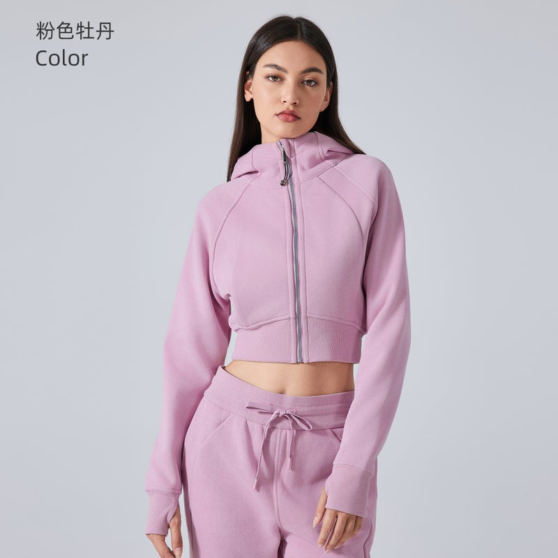 Generic Autumn Winter Zip Hoodie Cropped Fitness Jacket Pink peony