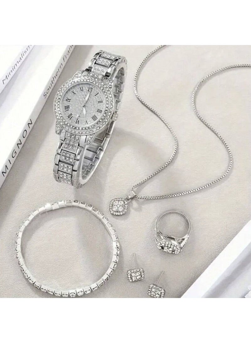 6-Piece Luxury Women’s Jewelry & Watch Set (Quartz Watch, Necklace, Earrings, Ring, Bracelet & Accessories) With Rhinestone Accents - Image 1