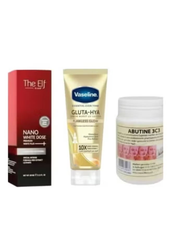 ABUTINE 3C3 Whitening Cream & The Elf Nano White Dose Premium White Plus Serum & Gluta Hyaluronic Acid Serum Burst Lotion 200ml Set