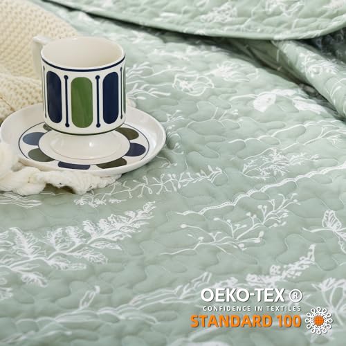 JANZAA Quilts Queen Size Sage Green Quilt Botanical with Floral Pattern Microfiber Bedspreads Queen Size 3 Pieces Lightweight Comforter Reversible Bedding Set with 2 Pillow Cases - Image 3